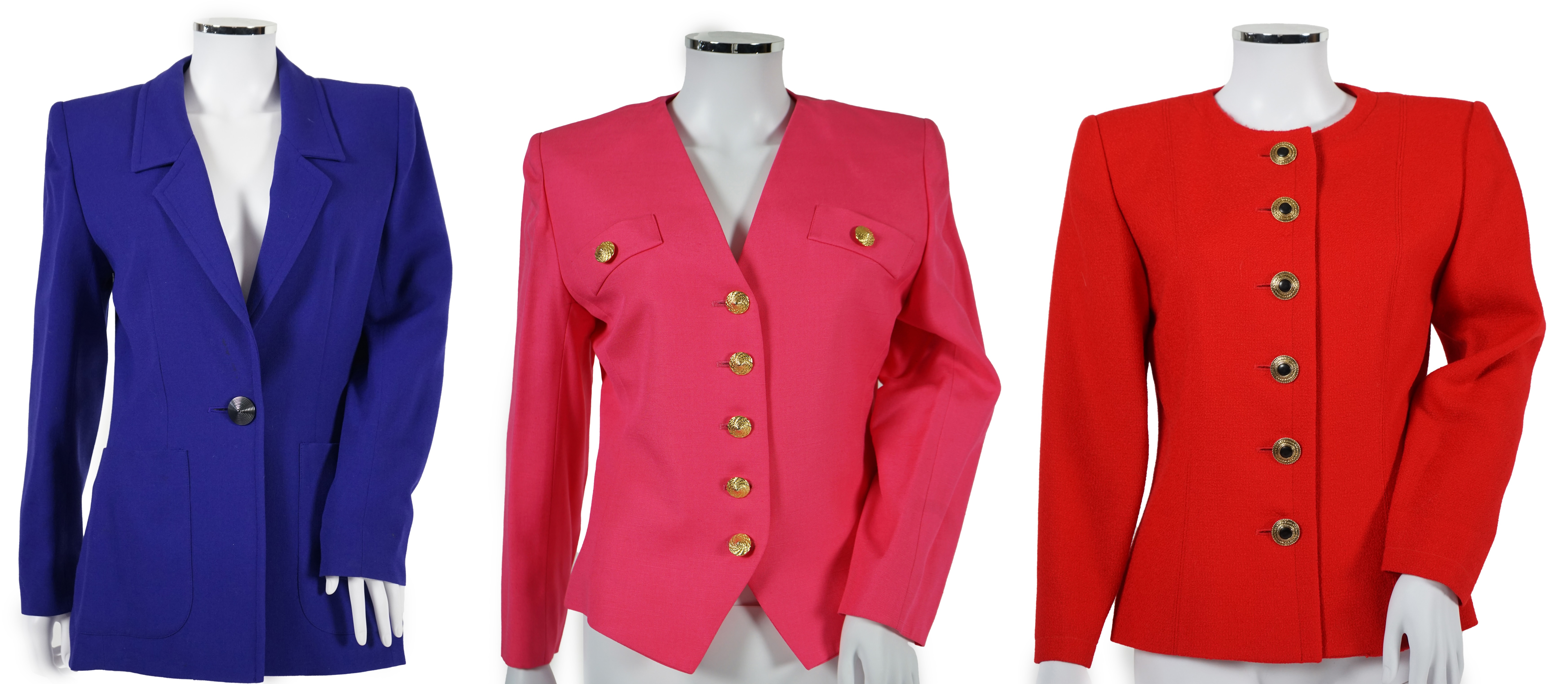 Three vintage Yves Saint Laurent variation lady's skirt suits, F 38 (UK 10). Please note alterations to make the waist smaller may have been carried out on some of the skirts. Proceeds to Happy Paws Puppy Rescue.